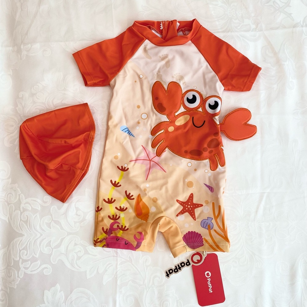 Baby Boy 2pcs Crab Print Swimsuit with Swimming Cap